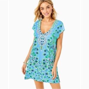 Lilly Pulitzer Talli UPF V Neck Blue and Green Tropical Swim Cover-Up